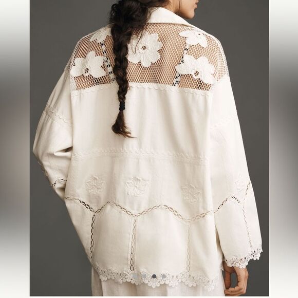 Anthropologie Crochet Scallop Hem Shirt Jacket in Ivory NWOT - Picture 2 of 8